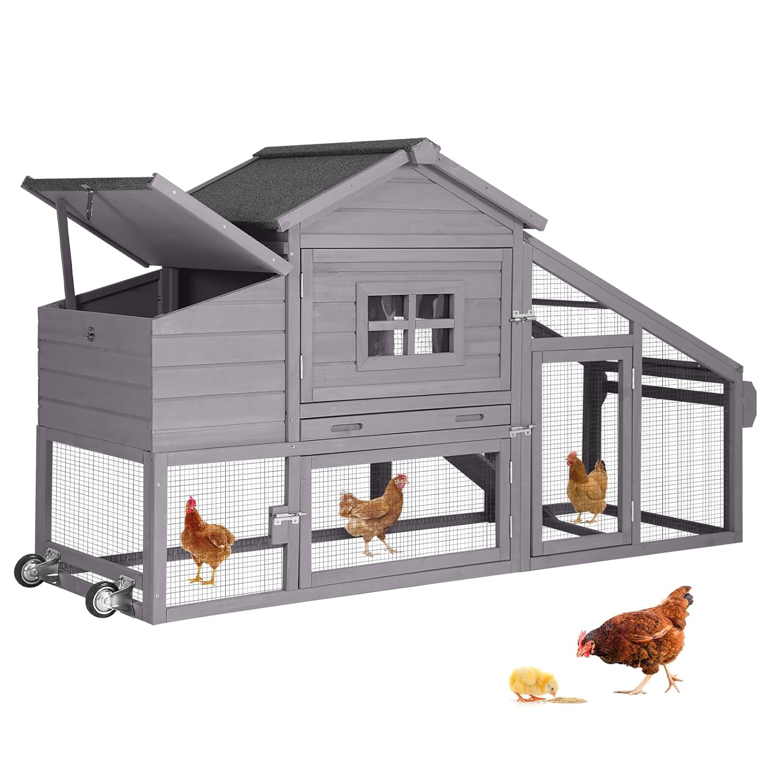 鶏小屋 移動式鶏小屋 車輪付き 屋外ウサギ小屋 2～4羽の鶏用 67インチ、カスタマイズ