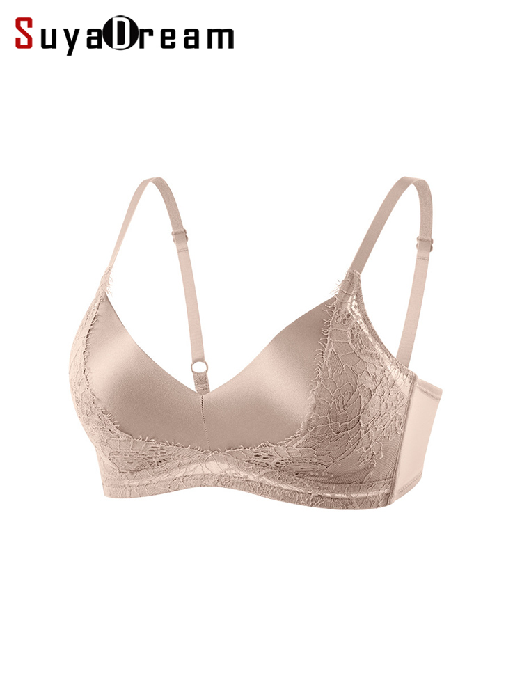 SuyaDream、女性シルクブラジャー、93%シルク7%スパンデックス、ワイヤーフリー、レースパッド入りブラジャー、2025新しい居心地の良い下着、ブラック、ホワイト