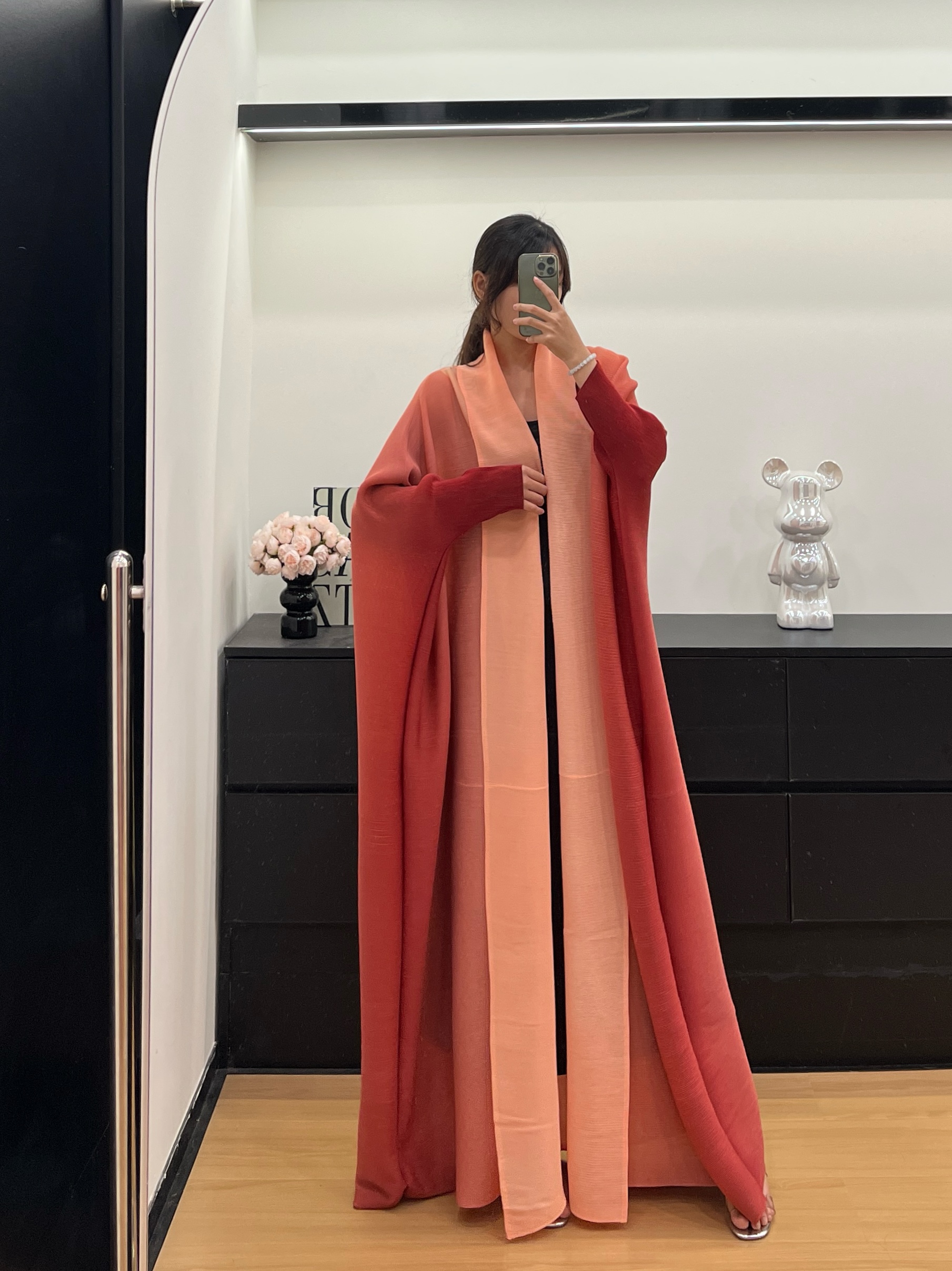 女性の高級アバヤ フレア襟長袖グラデーションカラー レトロ カーディガン タイアップ ルーズ プラスサイズ ローブ お祝い着用