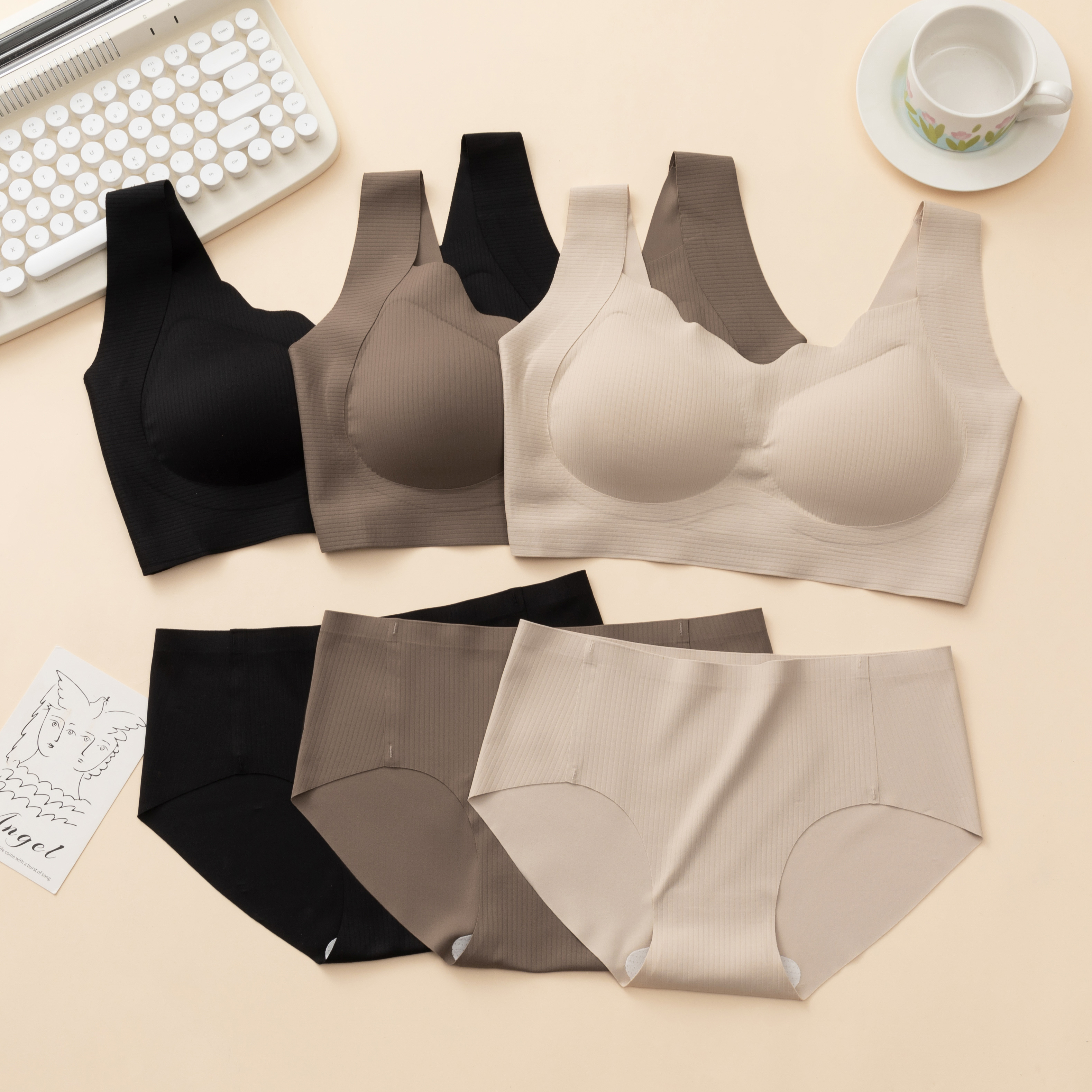 3 Sets Ribbed Wireless Wide Strap Bra & Matching Seamless Brief Lingerie Sets