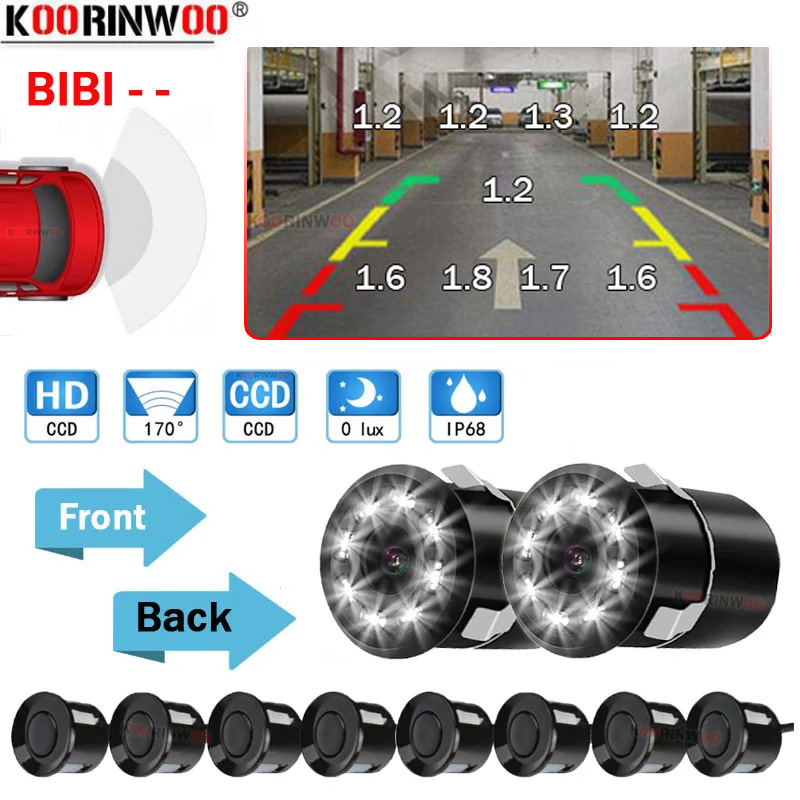 Koorinwoo Parktronic スマートシステム 駐車場センサー用 8/6/4 バックフロントカメラサウンド ブザー音 Android ラジオで障害物を表示