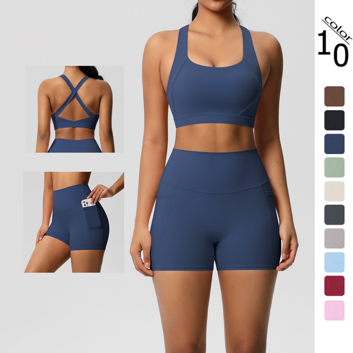2 個スポーツウェアポケット付きヨガセットジム服ヨガスーツ女性のためのジャージスポーツショーツクロスオーバーブラジャージムレギンス