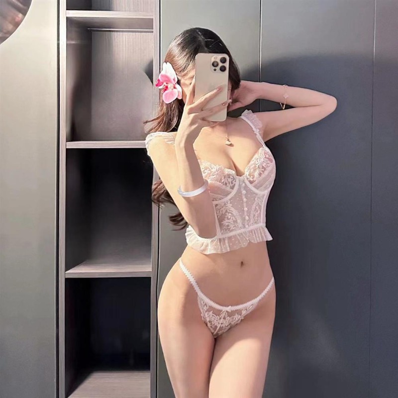 Sexy French Lace Corset Set Pure Desire Ultra Thin Hollow Out Bra Pull On Easy Fit Wirefree Sheer Lingerie Women S-XL 32-38 AB​​