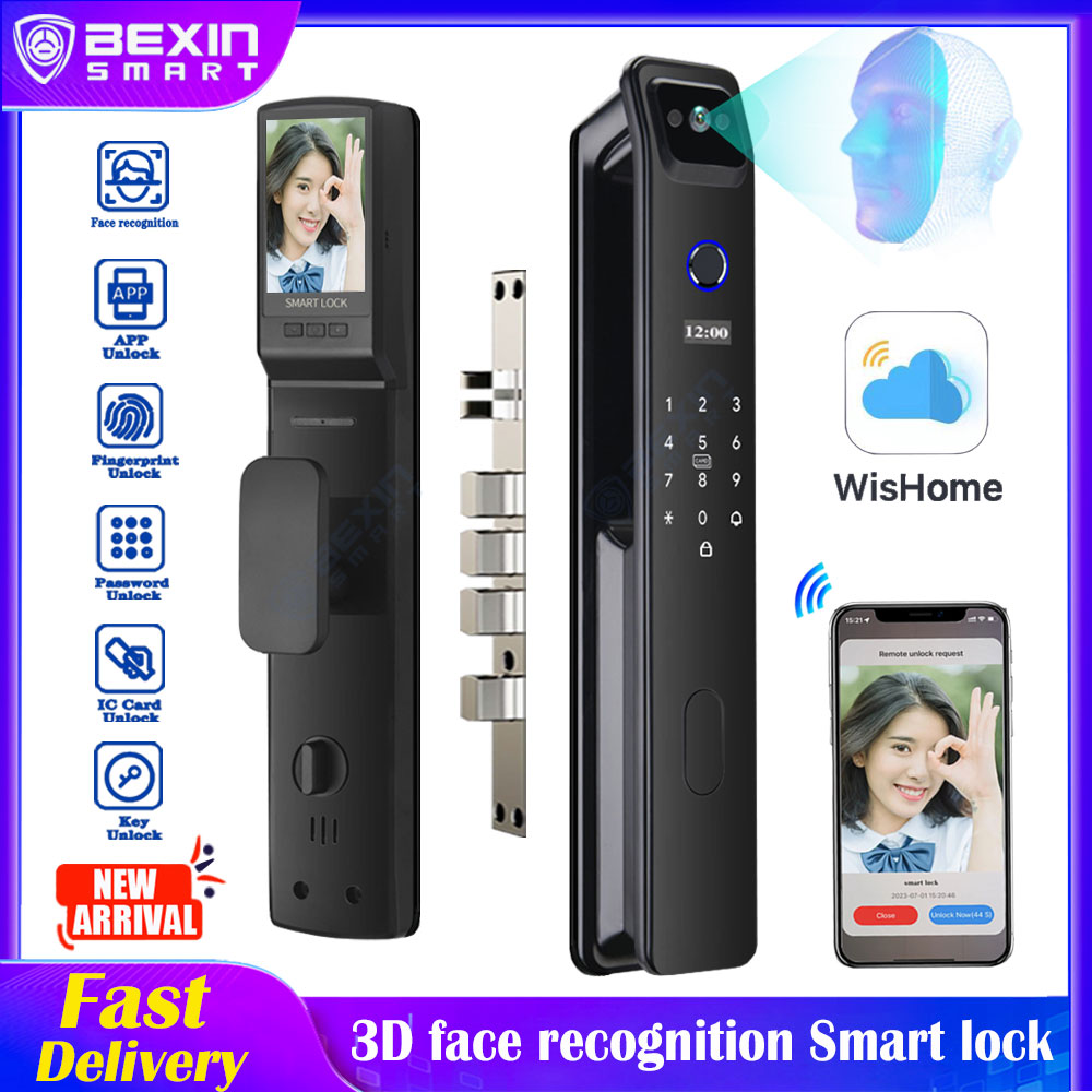卸売 3D 顔認識スマートドアロックセキュリティカメラモニターインテリジェント指紋パスワード電子キーロック解除