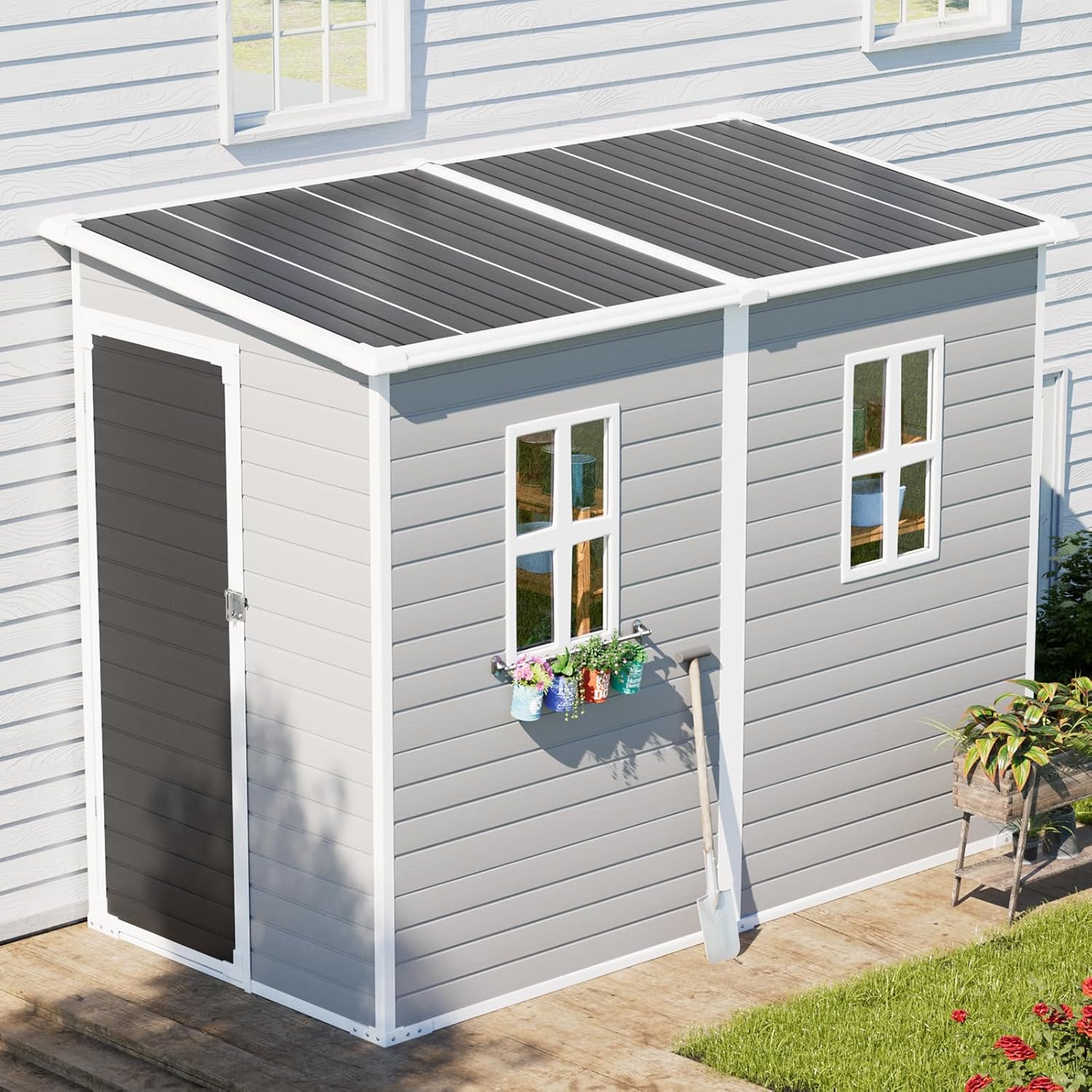 8x4x6 フィートの樹脂製収納小屋、床窓ドア通気口付き、強化防水プラスチック立てかけキット、裏庭庭用ベース付き
