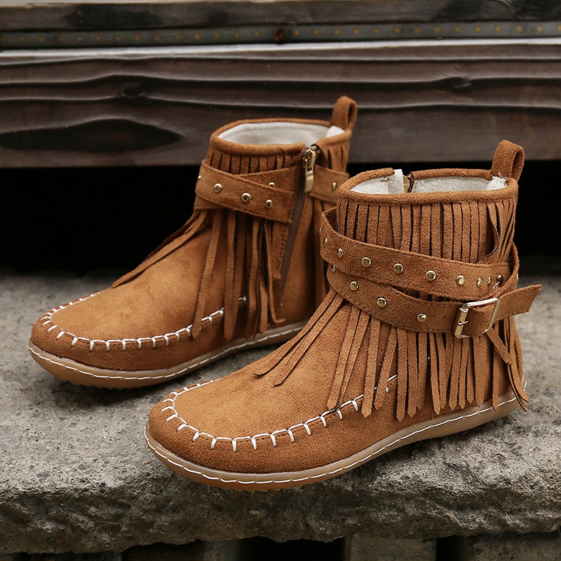 Botines 秋の女性の靴フラットヒールアンクルブーツレトロスエードタッセル女性のブーツファッションラウンドトゥソフトソールショートブーツカジュアル