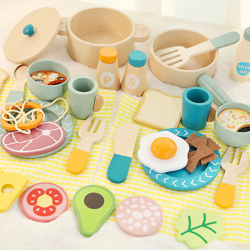 木製子供用シミュレーションキッチンおもちゃ、早期教育知育玩具、調理器具鍋パン料理ごっこ遊び、食べ物、ロールプレイ