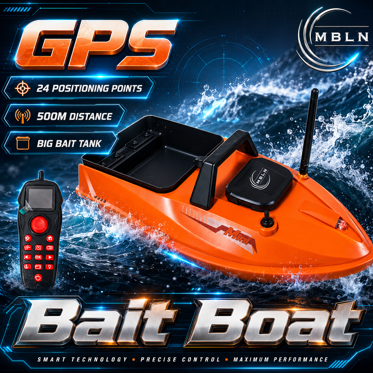 MBLN GPS RC 餌ボート、1.5 KG ホッパー付き 500 メートルリモート釣り餌ボート、自動リターン、電子アンカー、クルーズコントロール