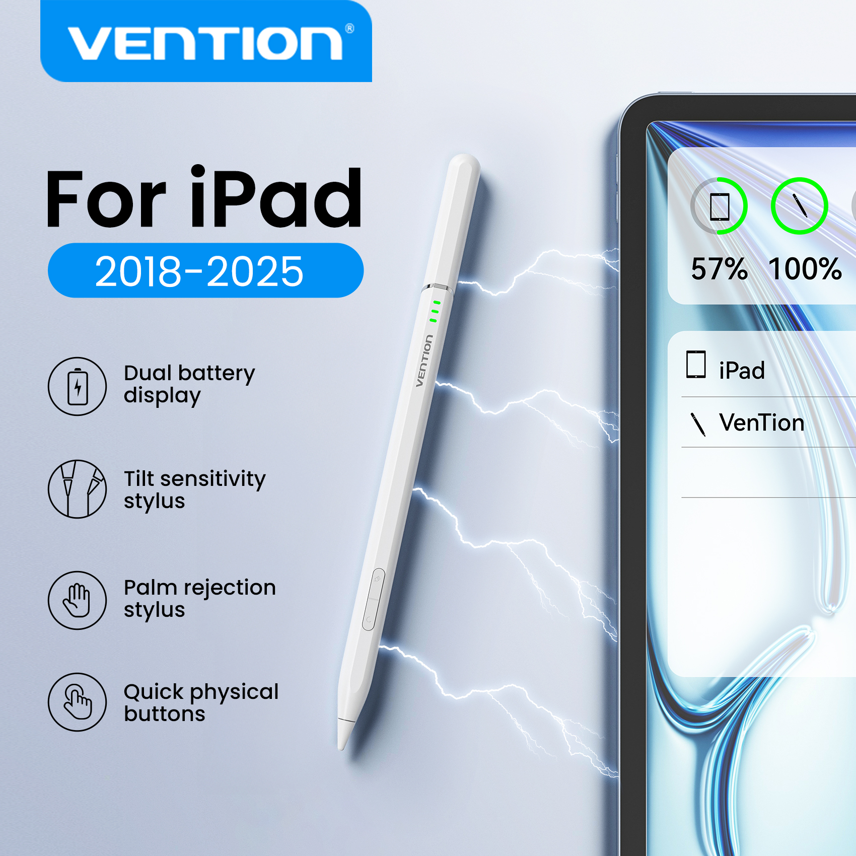 Vention Apple Pencil スタイラス磁気 LED パームリジェクションアクティブスタイラスペンカスタムタッチボタン iPad Air Pro 2018-2025