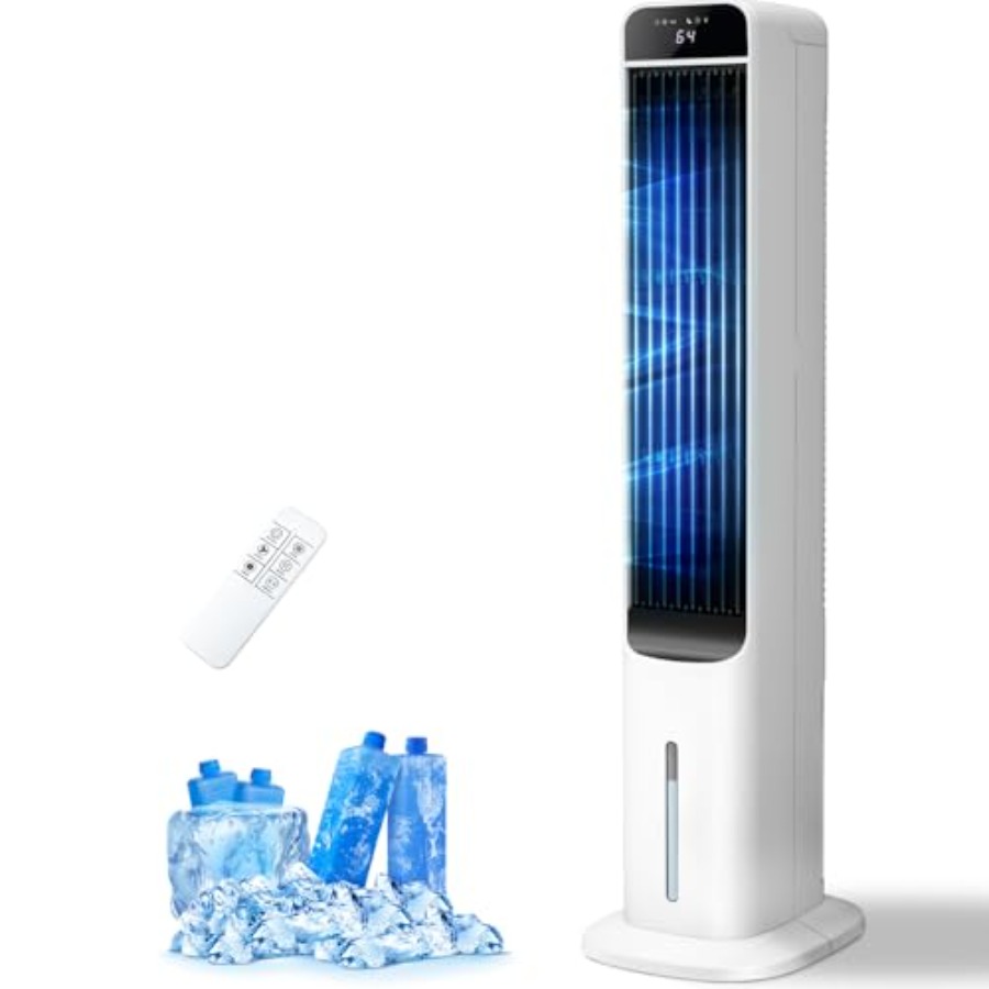 家庭およびオフィス用のポータブル蒸発空気クーラー、プラスチックボディ、ホワイト、リモート付き 2-in-1 冷却ファン、アイスパック 4 個、12H
