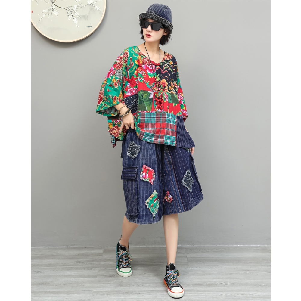 ユニークな女性の夏服プリントコットンリネンパッチワークトップルーズワイドレッグショーツ 2 点セット ZF2231