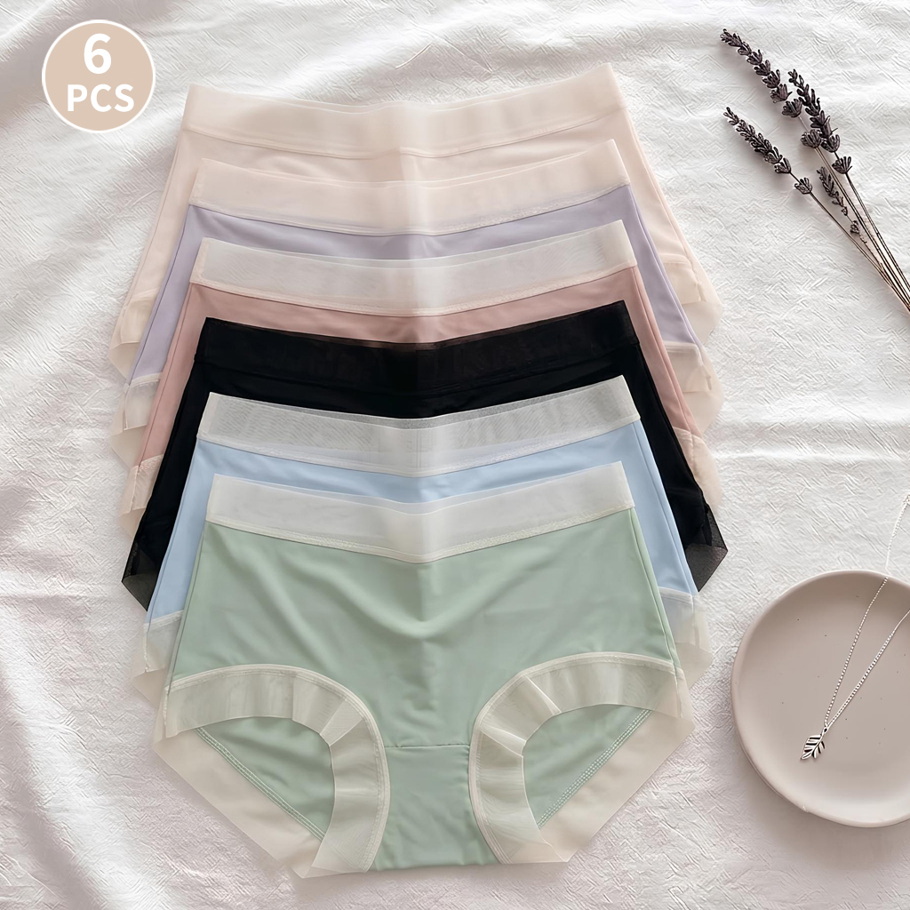 6 個のシームレスメッシュパンティー通気性アイスシルクブリーフフリルトリム見えないノーショーヒップスター薄手のパンツ下着