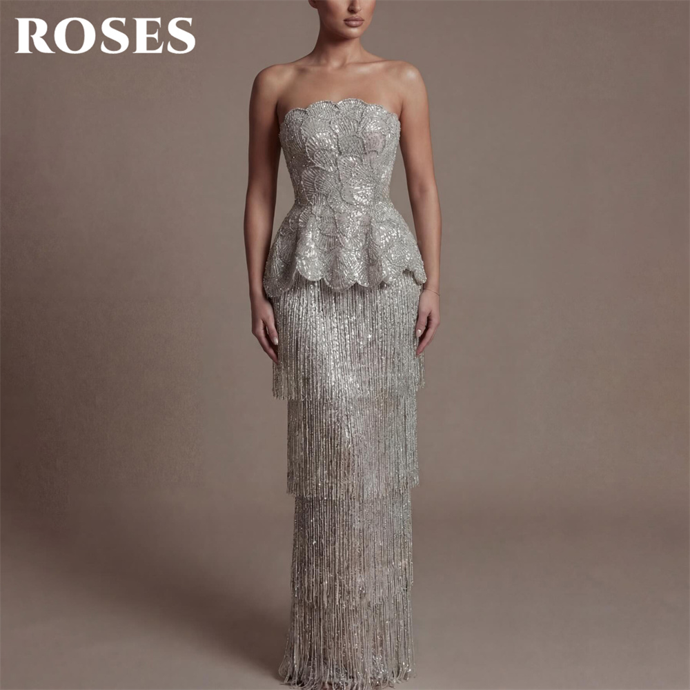 ROSES スライバー プロムドレス ストラップレス ノースリーブ セレブドレス レイヤードタッセル付き レディース イブニングドレス フォーマルガウン カスタマイズ