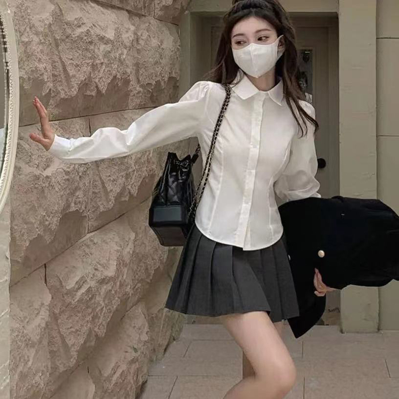 Xpqbb 女性の白シャツ韓国プレッピースタイル長袖ターンダウン襟ブラウス女子高生制服学生スリムシャツ 2024