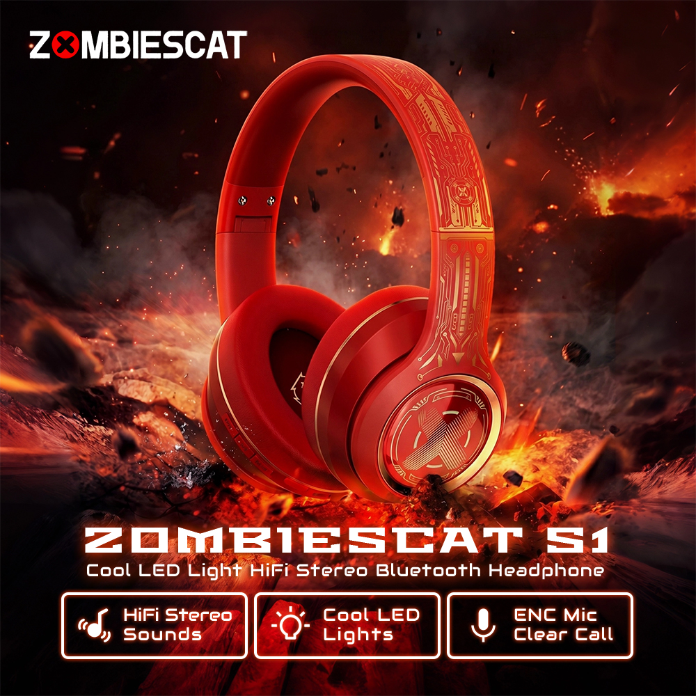 Zombiescat S1 強力な低音 Bluetooth ヘッドフォン ワイヤレス ENC 通話ノイズキャンセリング オーバーイヤーイヤホン クールな LED ライト付き