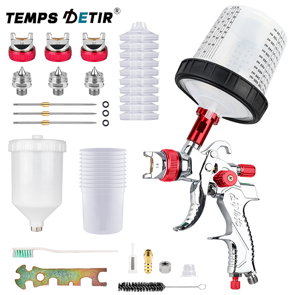 HVLP スプレーガン 自動車用重力フィード塗装ツール 10 個 600ML 使い捨てペイントカップ 1.4/1.7/2.0MM ノズル付き 自動車用