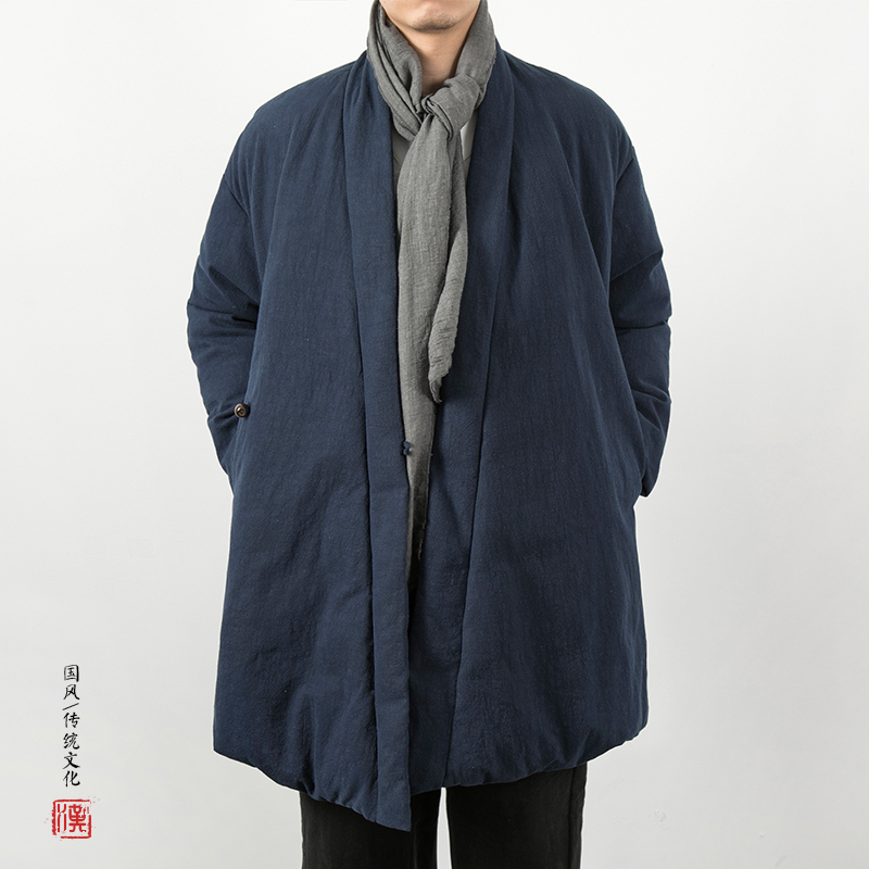 2023 冬ユニークなノーカラーデザインリネンパッド入りコートジャケット男性用カジュアルルーズロングセクションオーバーコート男性、サイズ M-4XL