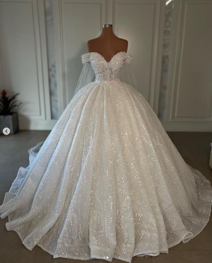 キラキラプリンセスカスタマイズウェディングドレスベールギルタースパンコールビーズオフショルダー Vorset robes de mariees luxe