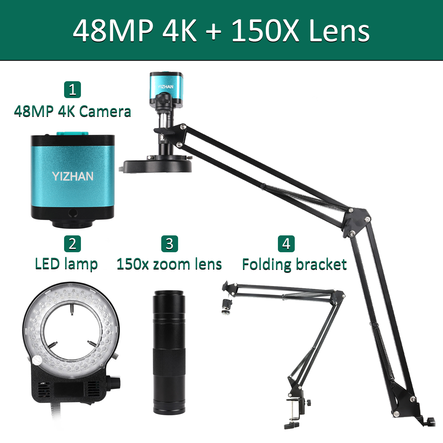 電子機器用4K顕微鏡 48MPデジタル顕微鏡カメラ オプション1-150倍レンズ LEDライト 折りたたみ式ブラケット 電話PCBはんだ付け
