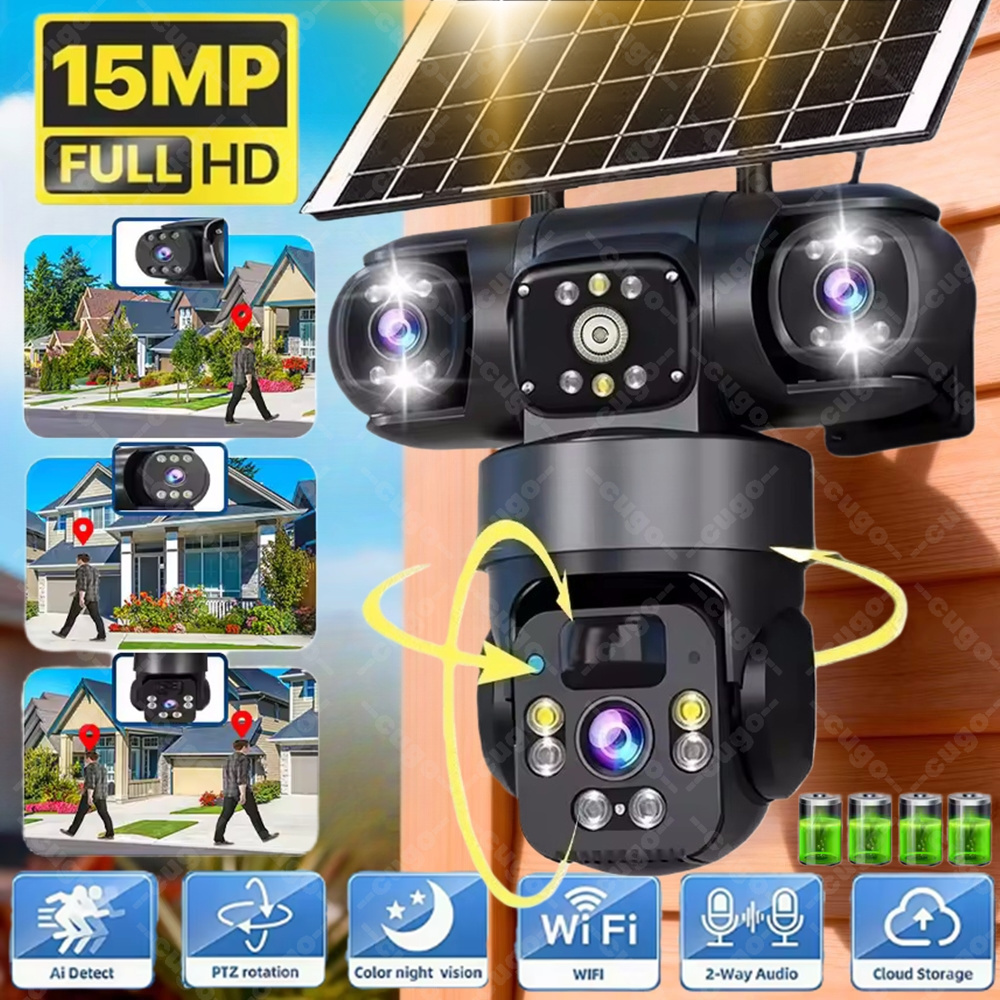 V380 3 スクリーン 3 レンズ WIFI カメラソーラー PIR 人間検出ナイトビジョンセキュリティビデオ IP カマラ 15MP 8K HD バッテリー CCTV モニター