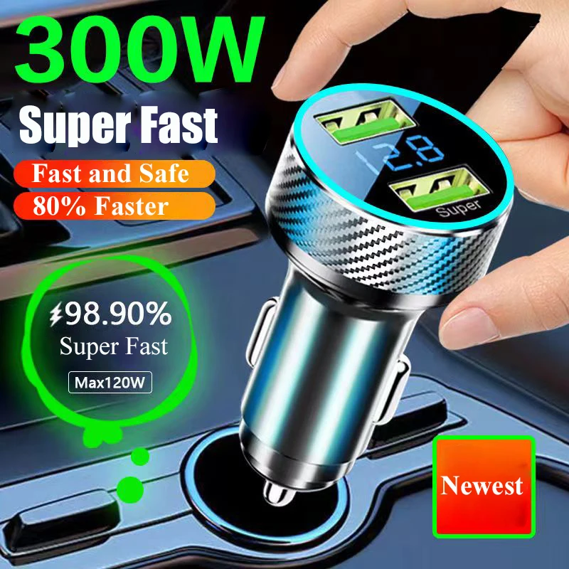 2 in 1 USB カーチャージャーアダプター 300W 超高速充電 電圧モニター付き iPhone Samsung iPad Huawei Oneplus OPPO VIVO 用