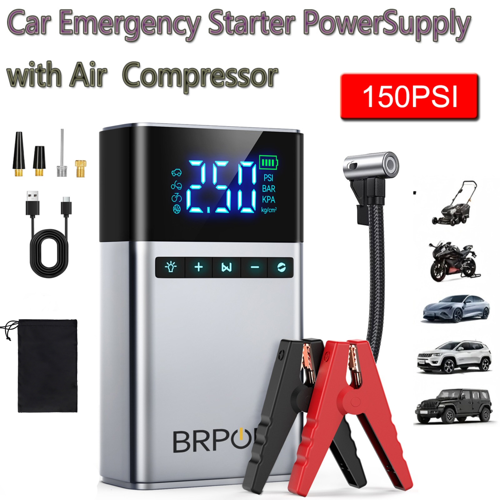 BRPOM ポータブルカースターター エアコンプレッサー付き タイヤインフレスターター 8000mAh 車バッテリースターターボックス 車バッテリージャンパースターター