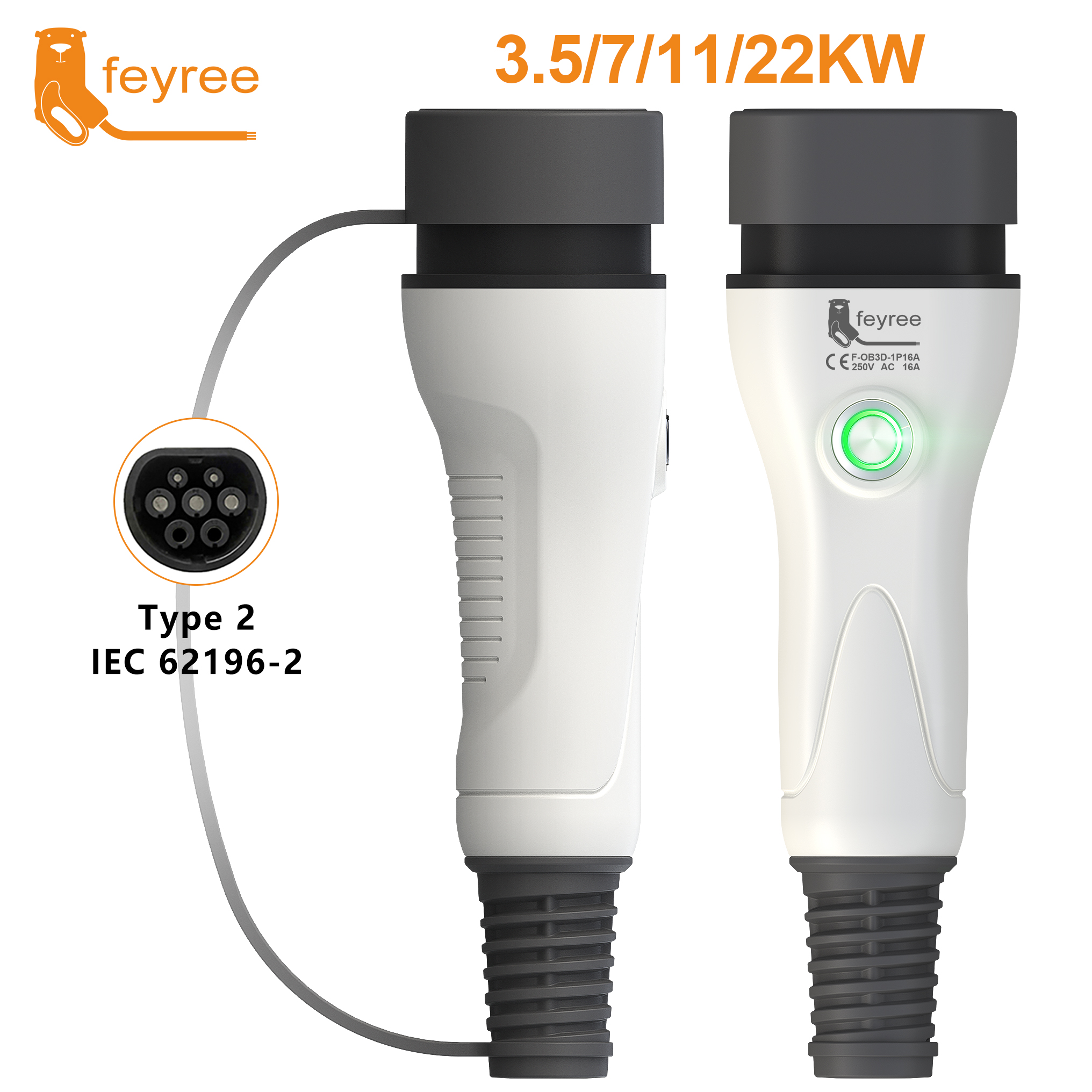 Feyree Type2 EV 充電器プラグワンタッチ停止機能 16A 32A 充電器ソケット車側電気自動車車の充電ステーション