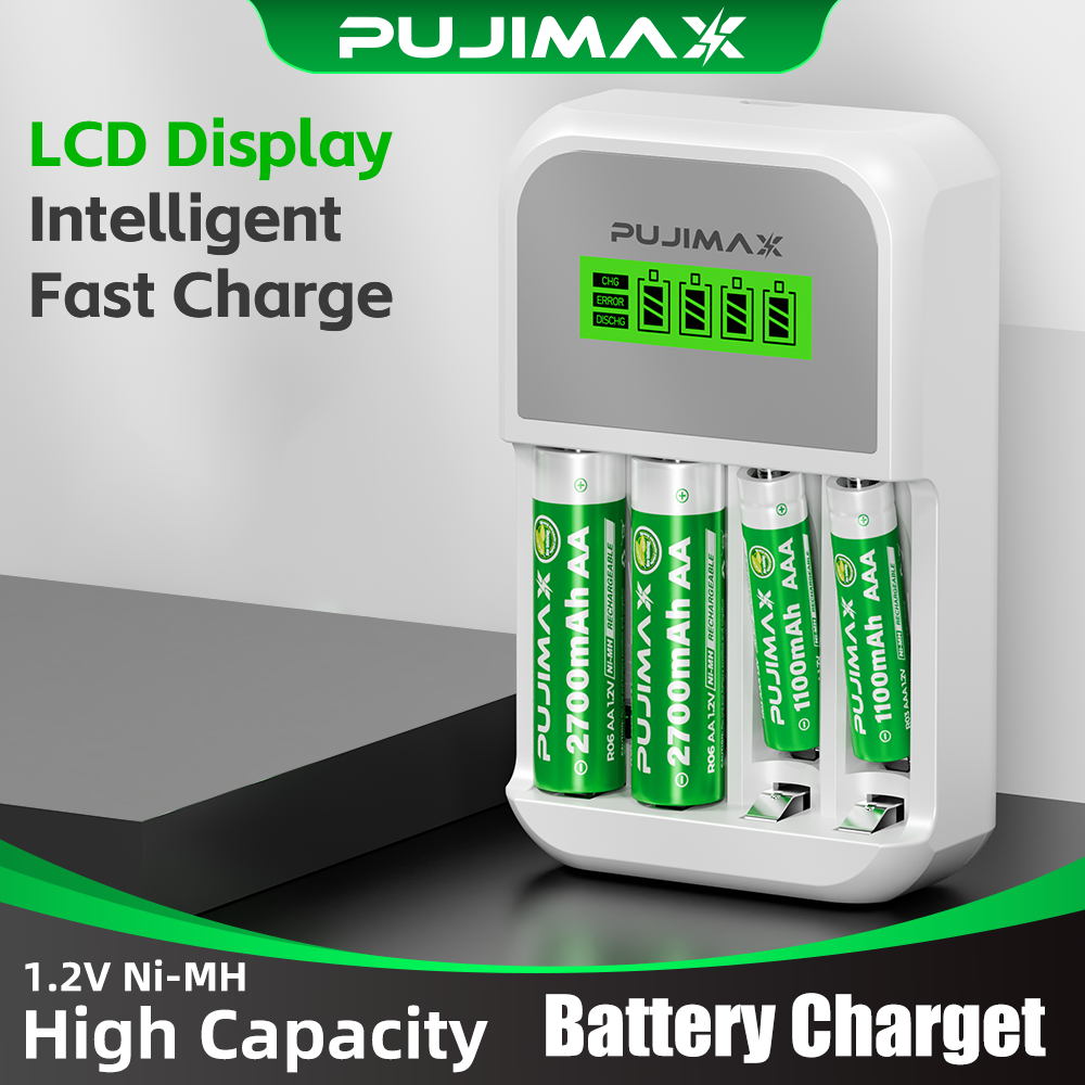 PUJIMAX 4 スロット LCD ディスプレイインテリジェントバッテリー充電器 AA/AAA ニッカドニッケル充電式電池用高速充電ケーブル