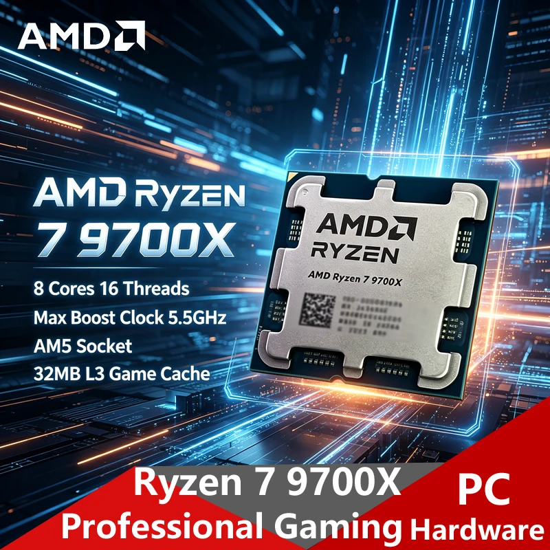 AMD Ryzen 7 9700X AM5 ロック解除ゲーミング CPU、8C16T 5.5GHz ブースト、32MB キャッシュ ルーズ トレイ ゲーム用デスクトップ構築用ボックスなし
