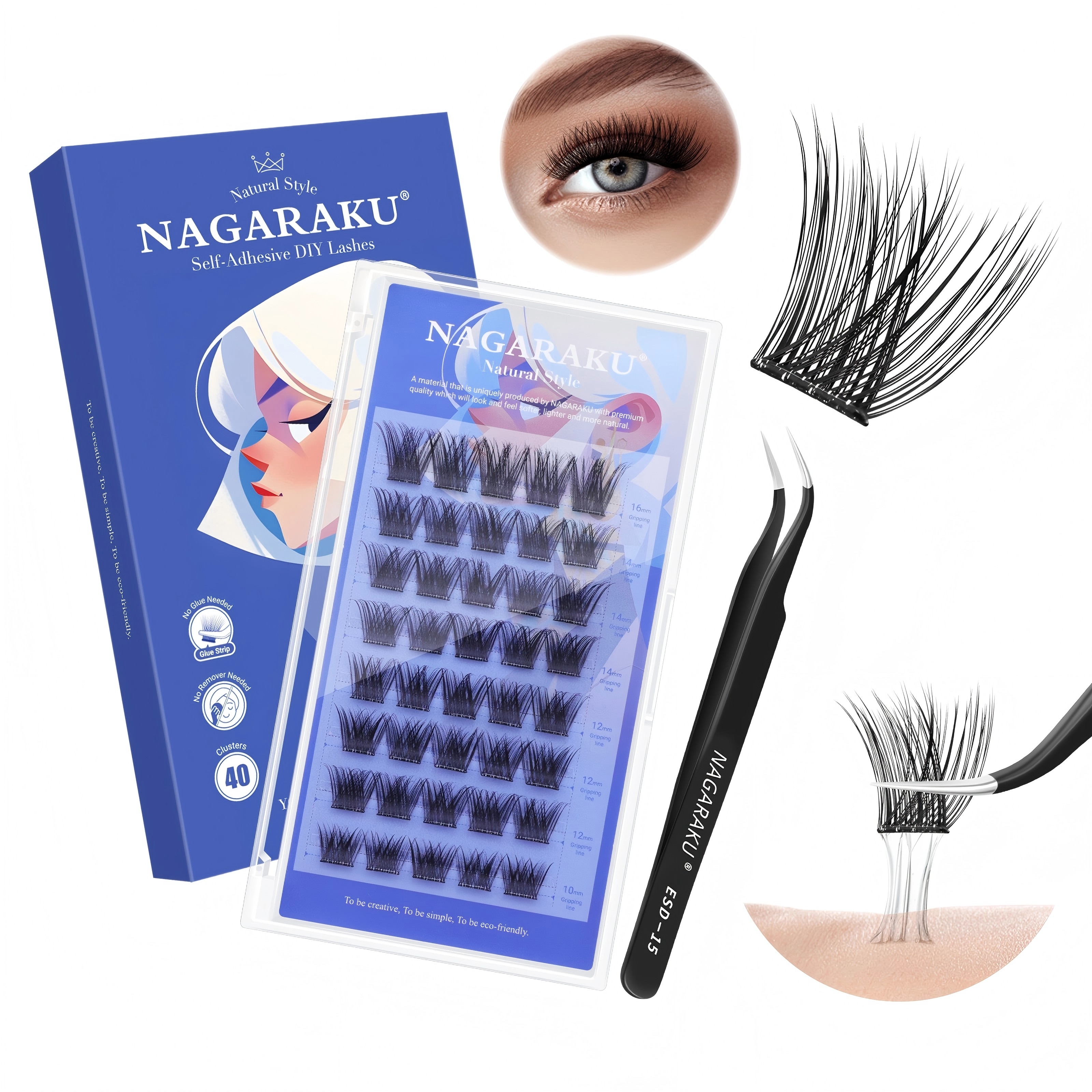 NAGARAKU 自己粘着 DIY クラスターまつげ ピンセット付き 32~96クラスター付属 高品質 メイクアップ コスプレ