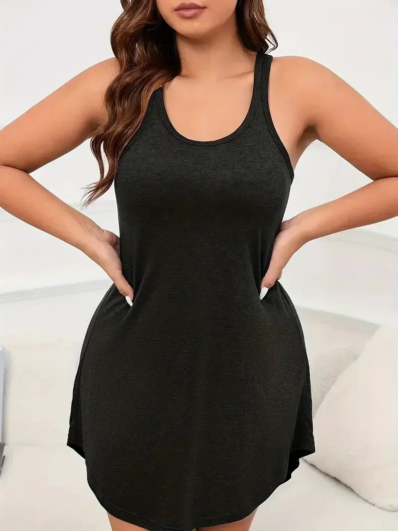 新しい夏の女性のプラスサイズ S-8XL U ネックベーシックラウンジウェアノースリーブドレス A ライン無地カジュアルビーチドレスパーティードレス
