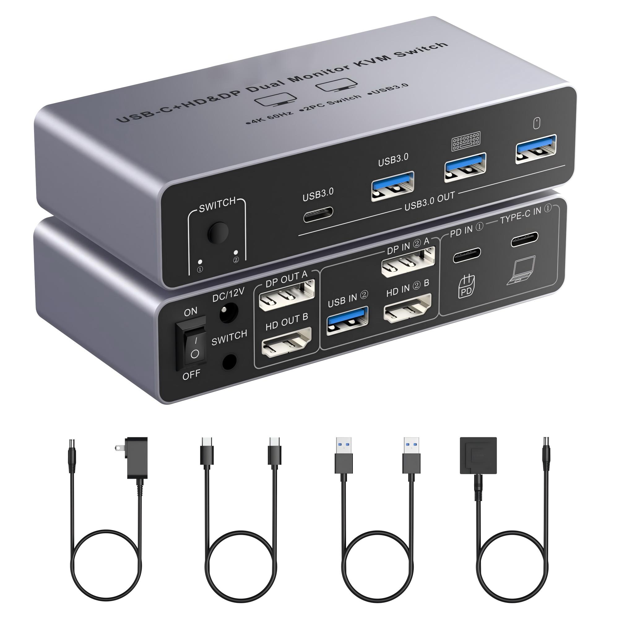 HDM DP KVM スイッチ 2 モニター 2 コンピューター 8K@60Hz 4K@60Hz、USB C スイッチ ラップトップ/デスクトップ用デュアル モニター 2 モニター 4 USB3.0
