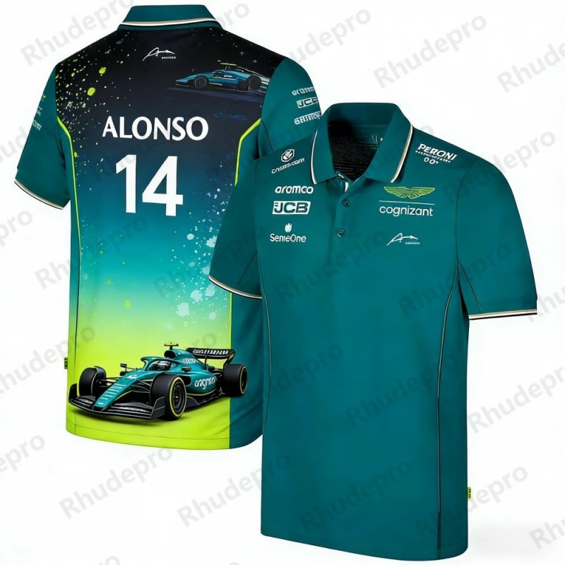 アロンソ 14 F1 レーシングテーマ半袖ポロシャツスポーツカジュアルプリントトップレーシングファンデイリー
