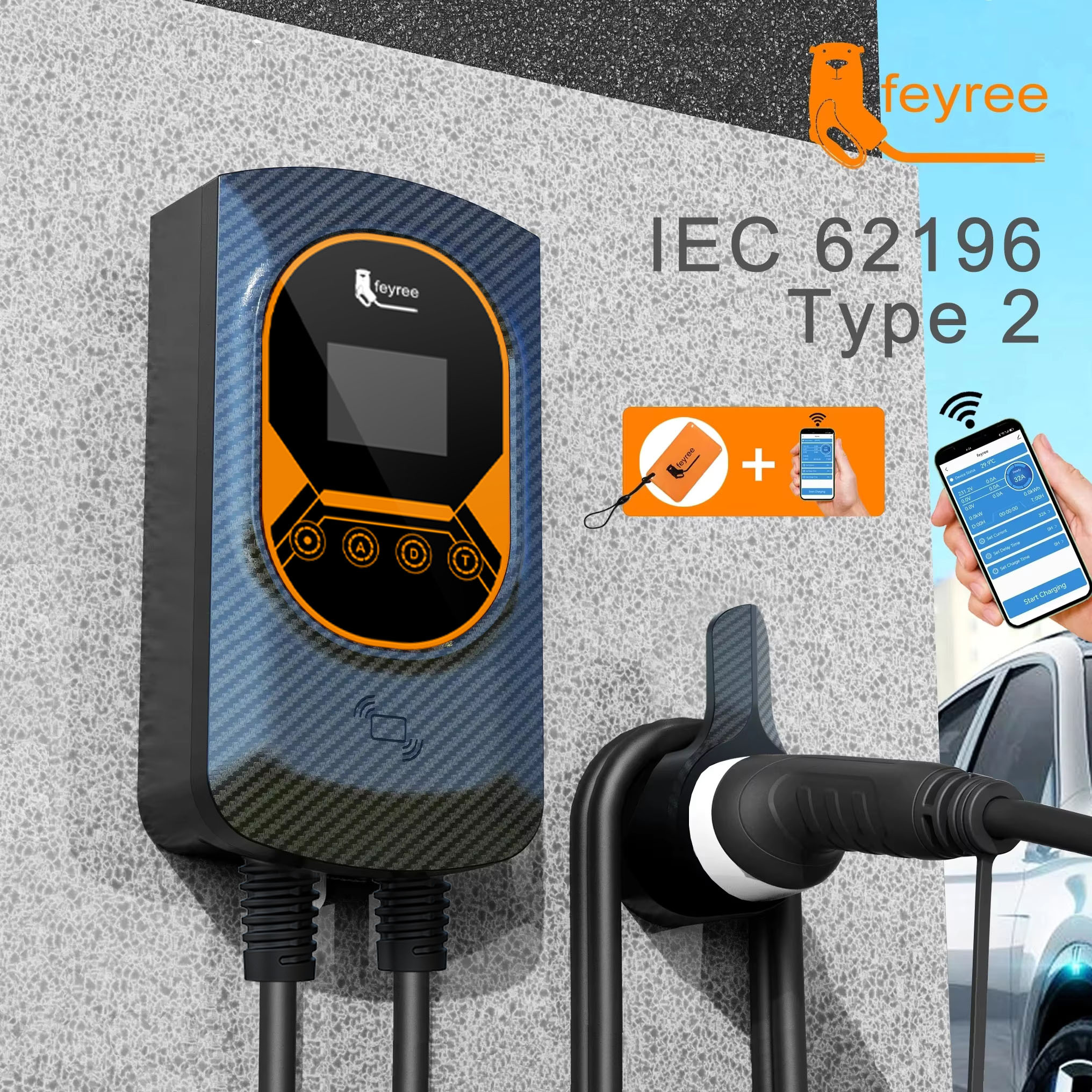 Feyree EVSE ウォールボックス 7.6KW 11KW 22KW EV 充電ステーション 32A 電気自動車車の充電器ウォールマウント Type2 ケーブル APP WIFI 制御
