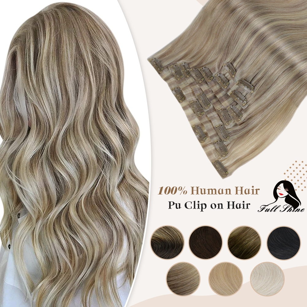 フルシャイン PU クリップヘアエクステンションレミー人毛 100 グラムシームレスな目に見えないクリップエクステンション人毛バレイヤージュカラーブロンド