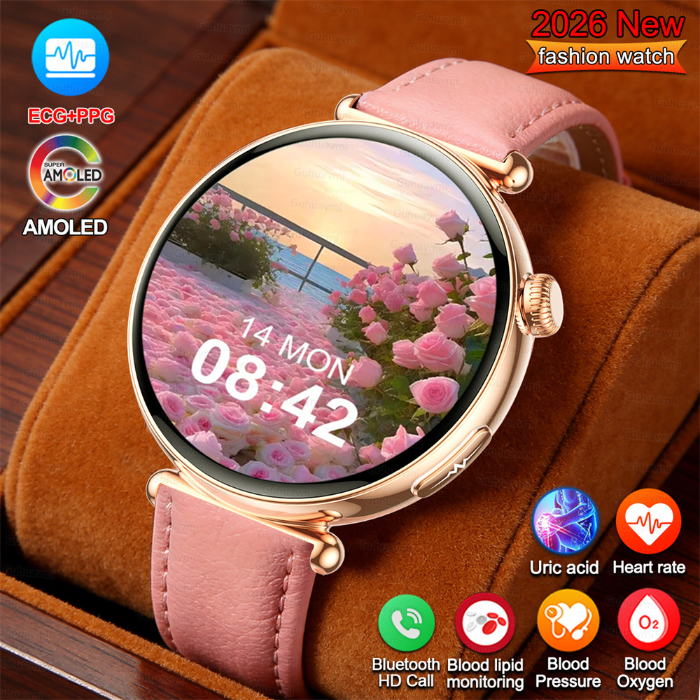 女性スマートウォッチレディース AMOLED スクリーンコール AI ダイヤル女性スポーツ腕時計 ECG 血圧マイクロ身体検査スマートウォッチ
