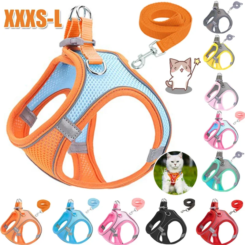 XXXS-L 反射ペットハーネス犬ストラップリーシュ付き調節可能なハーネスベスト通気性首輪チワワ小型大型犬用