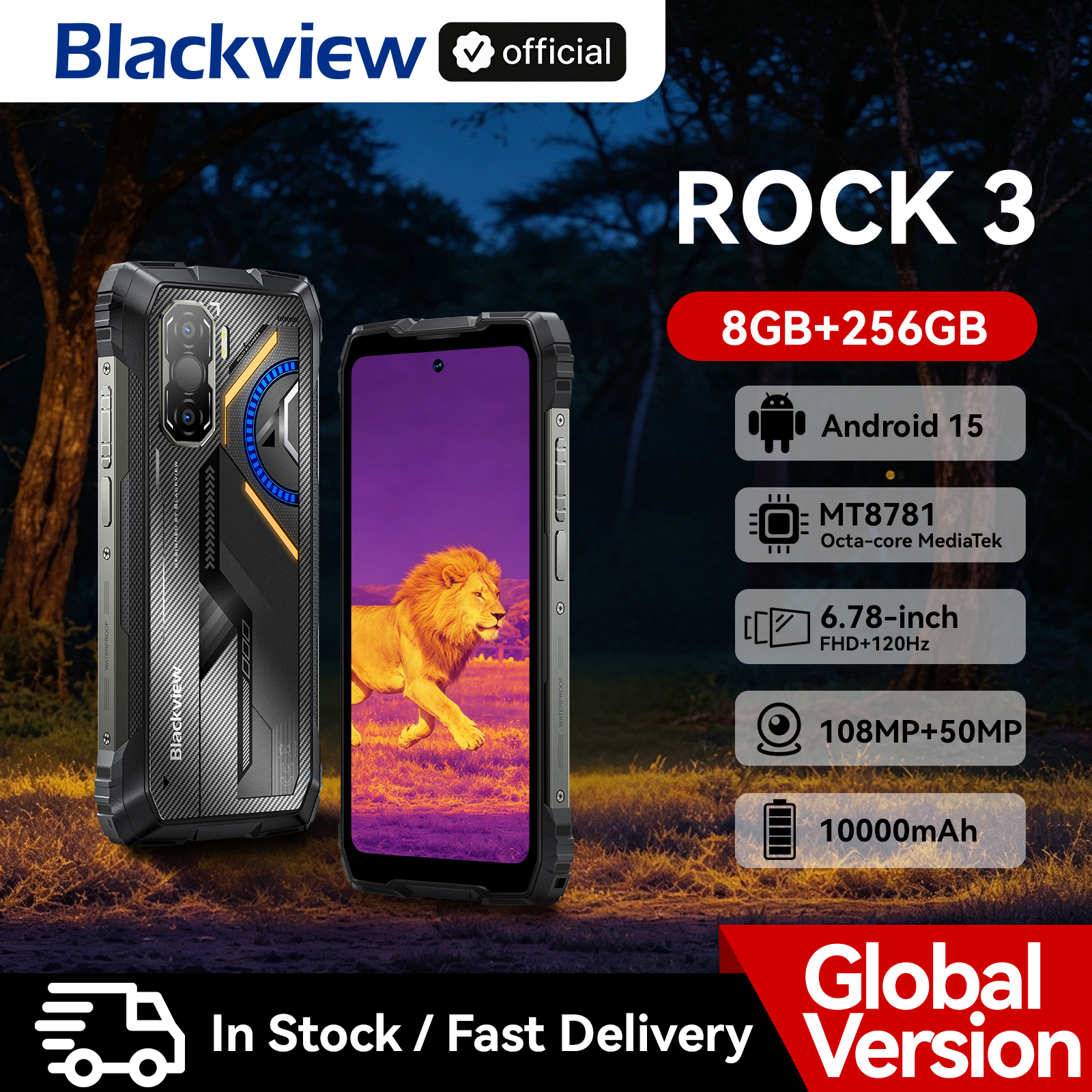 Blackview ROCK 3 頑丈なスマートフォン Android 15 6.78 インチ 2.4K ディスプレイ 超長い待機時間 10000mAh 熱画像 FLI サポート