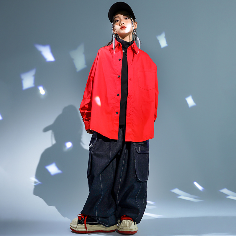 子供ヒップホップ服赤ジャケットコートカジュアルストリートストラップカーゴパンツ少女少年ジャズダンス衣装十代の Kpop 服
