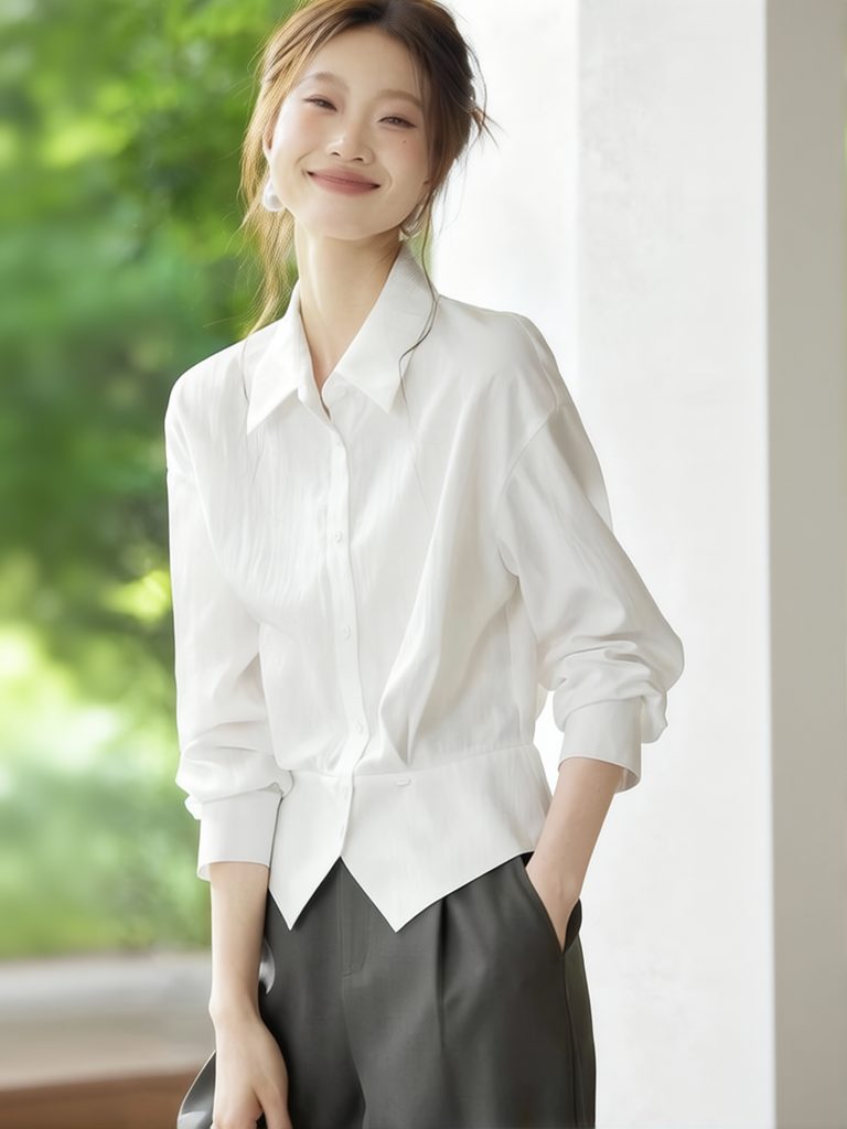 チュニックエレガントな白シャツ女性作業服基本ボタンアップブラウスレディカジュアル長袖トップス高品質テクスチャ生地
