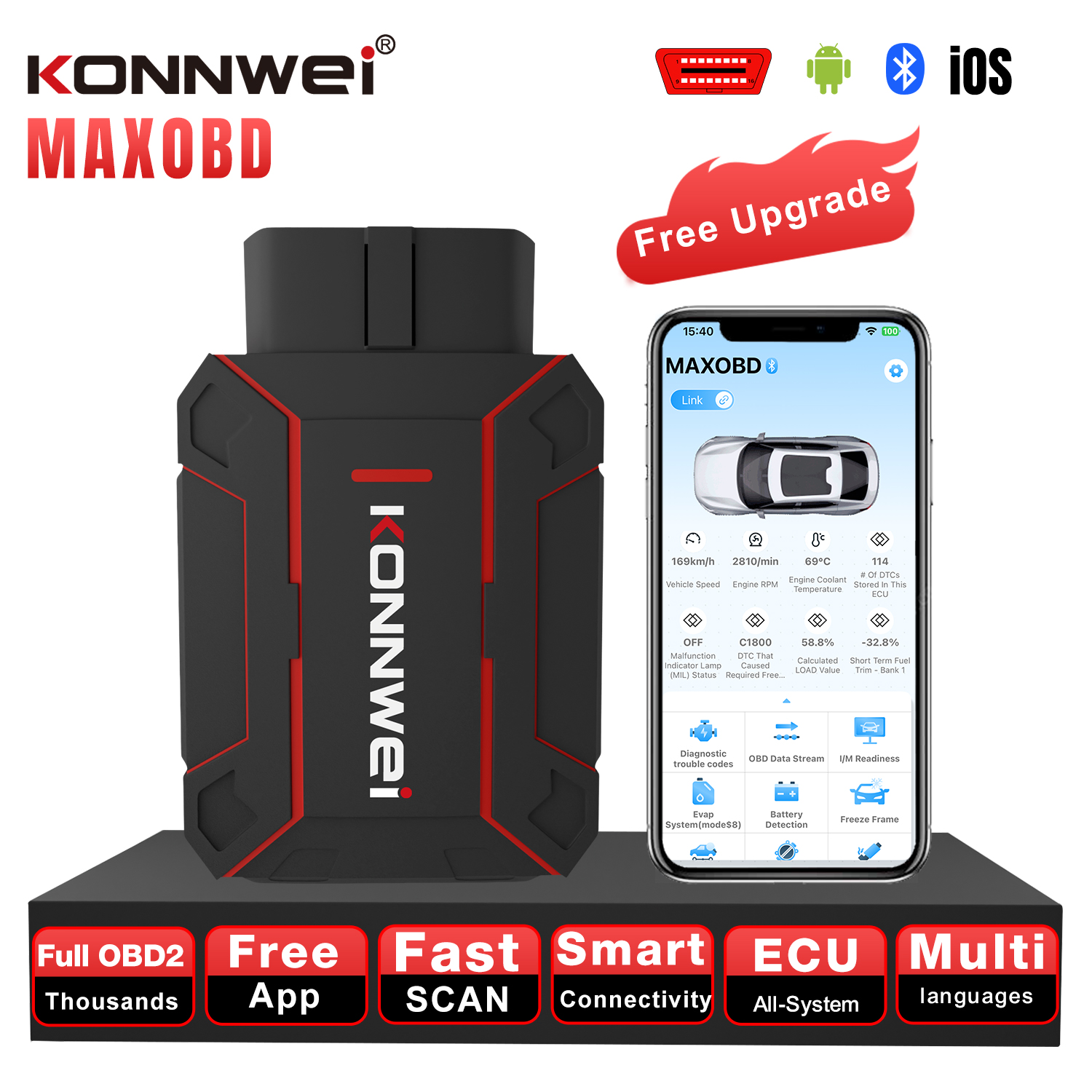 KONNWEI MAXOBD Bluetooth 5.2 OBDII 車フルシステム診断スキャナツールエンジンエアバッグ ABS ライブデータストリーム自動スキャナ