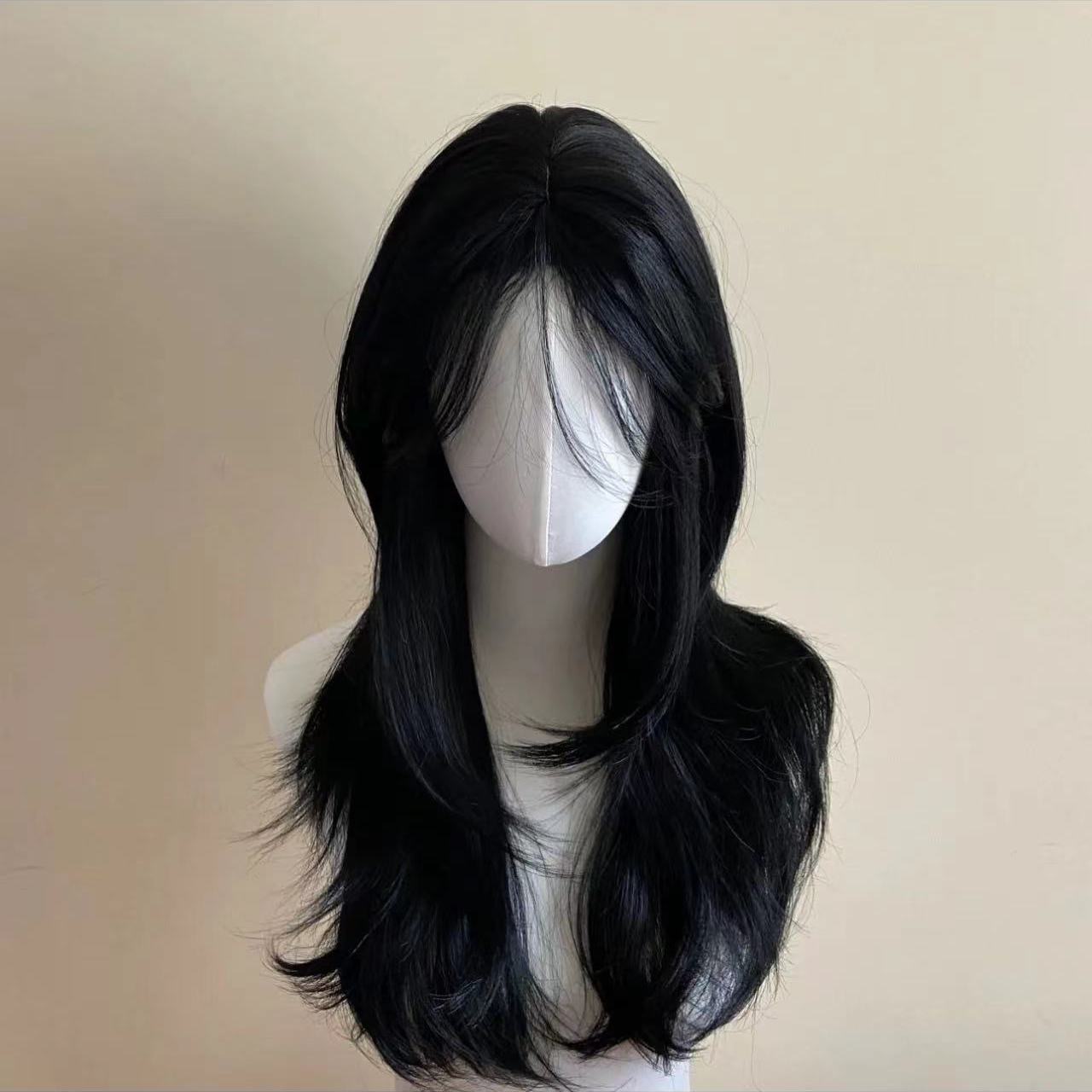 Ashly 黒ウィッグ女性ヘッドバンドボディ波状ローズヘアネットモデルフレンチ前髪高品質シミュレーションヘア合成かつら 가발