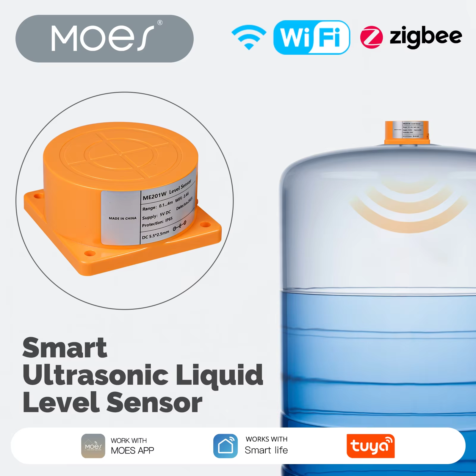 MOES Tuya WiFi/Zigbee スマート超音波液体レベルセンサー水タンクモニターリアルタイムアラーム通知アプリリモコン付き