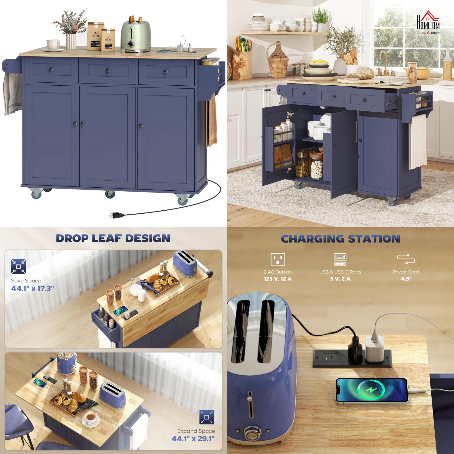 Drop Leaf ローリングキッチンアイランドカート 電源コンセント、収納キャビネット、引き出し3つ、タオルバー付き
