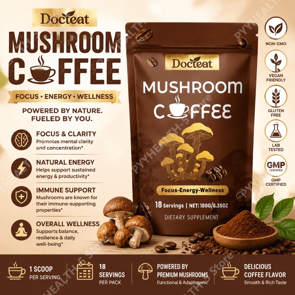 Docteat マッシュルーム コーヒー パウダー ドリンク ミックス 18 回分、正味 180g、冬虫夏草、霊芝入り、集中力と毎日の活力のために