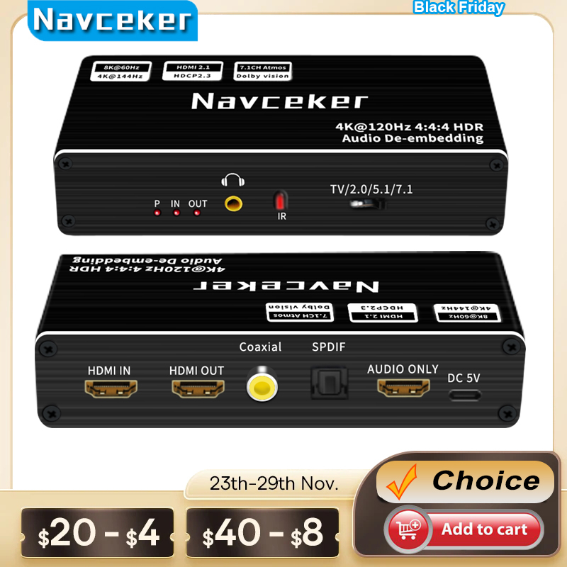 Navceker 8K 60Hz HDMI オーディオエクストラクター 4K 120Hz RGB 4:4:4 HDMI 2.1 オーディオスプリッターコンバーター 7.1 Atmos De-embed for PS5 XBox