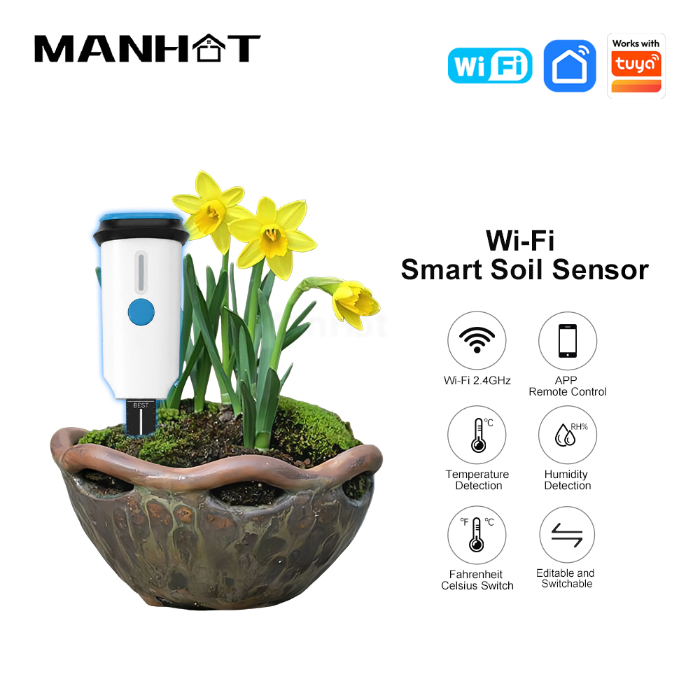 MANHOT WiFi Smart Soil Tester Humidity Temperature Moisture Sensor For Plant Garden Soil Monitor Works With Tuya/Smart Life