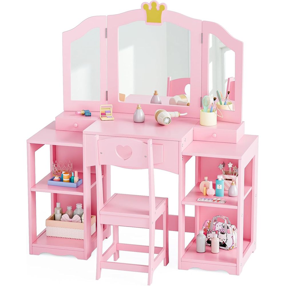 MOR キッズバニティテーブルとチェアセット、トライオールドミラー付き、エクストラワイドキッズバニティセット、PrincDringテーブル、スツール付き、または3歳の女の子