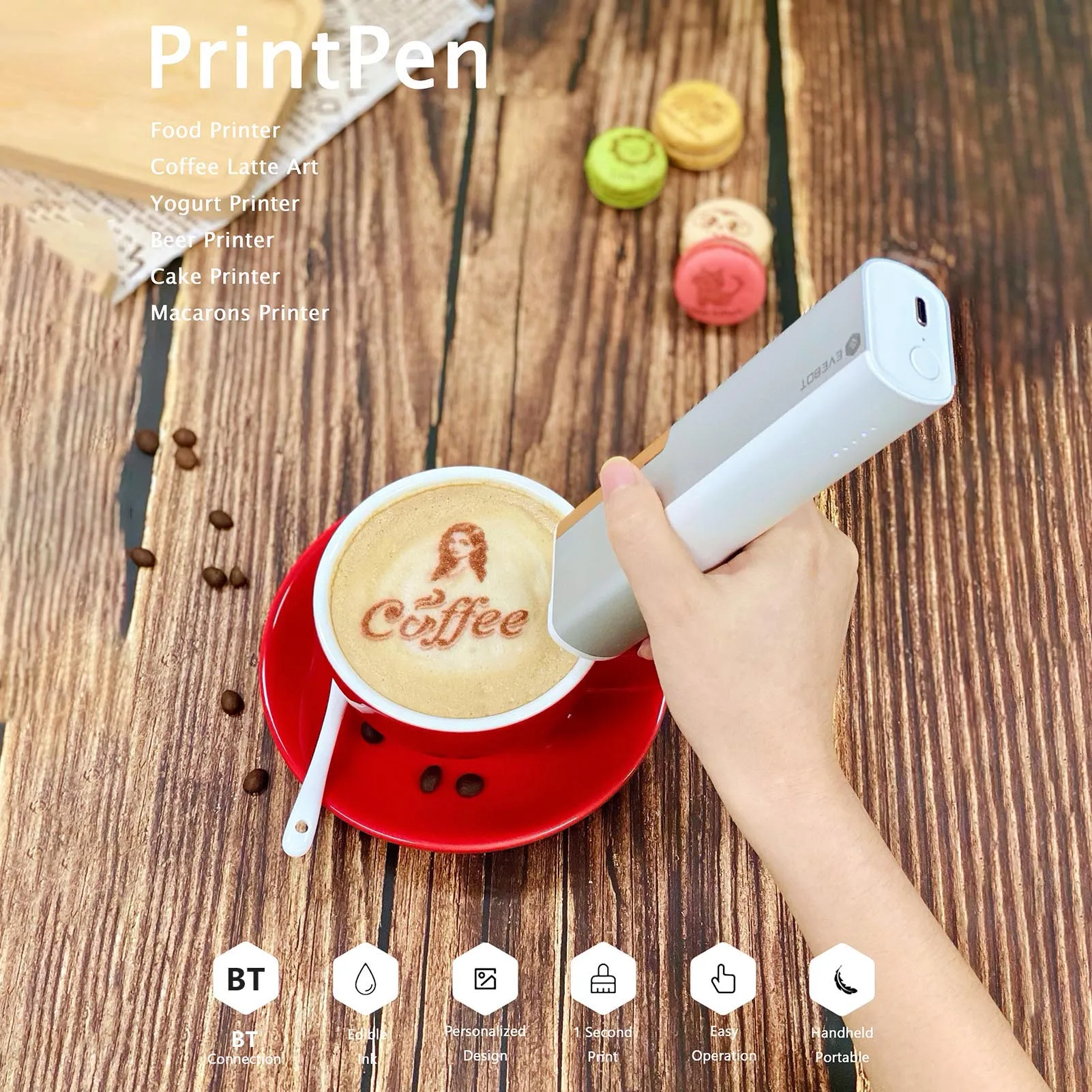 EVEBOT Printpen 食品専用ハンドヘルド印刷パンコーヒーミルクティービスケットパターンロゴスマートポータブルミニ小型プリンター