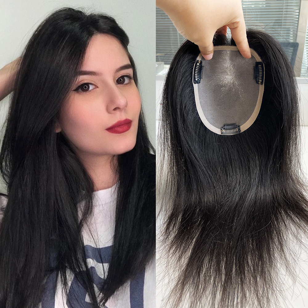 12 × 14 センチメートルモノベース人毛トッパークリップ付き通気性ファインモノレミーヘアピース薄毛をカバーするための